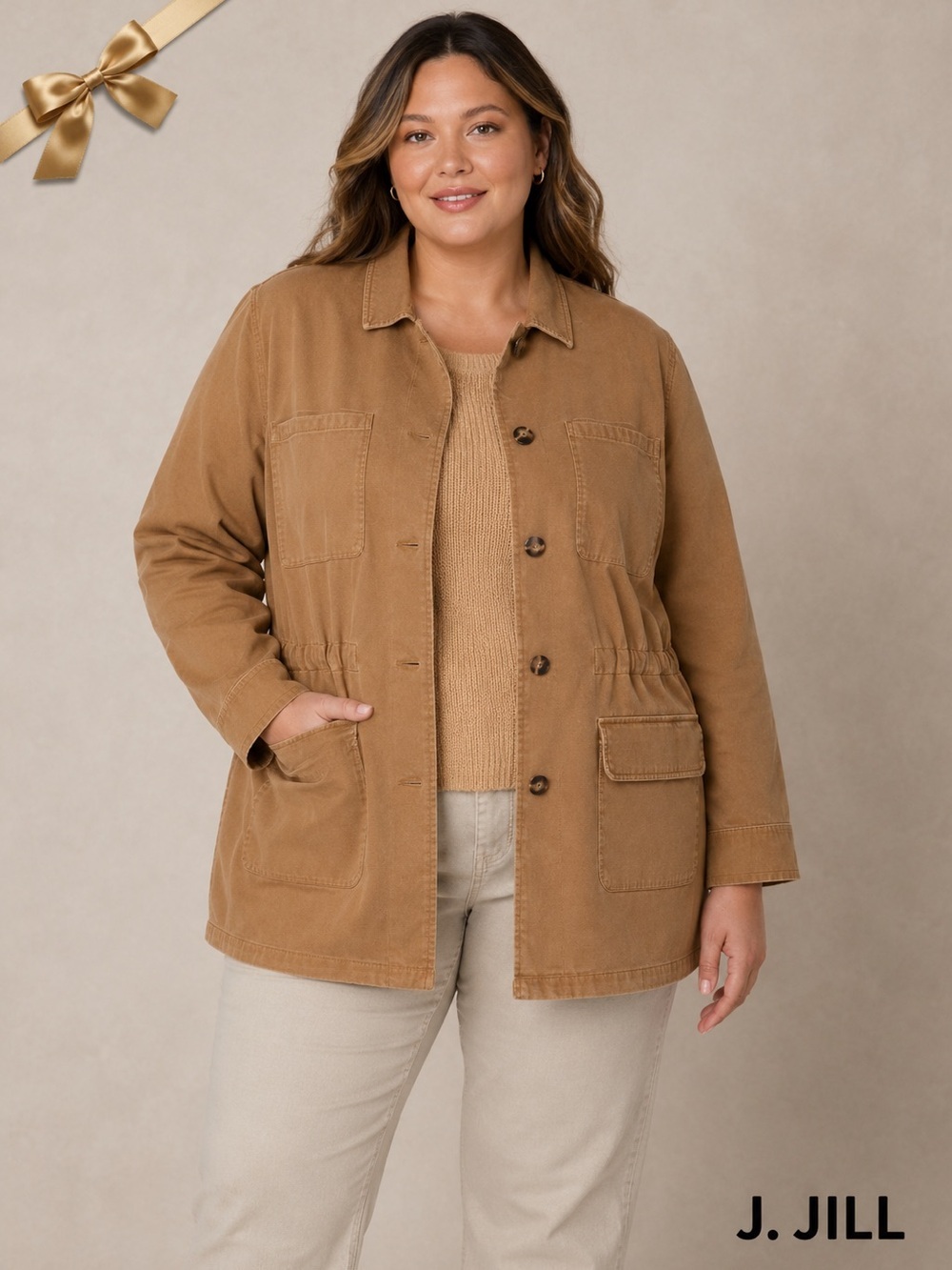 J. Jill Garment-Dyed Anorak Cotton Camel Tan 4 Pockets Cinch Waist XL